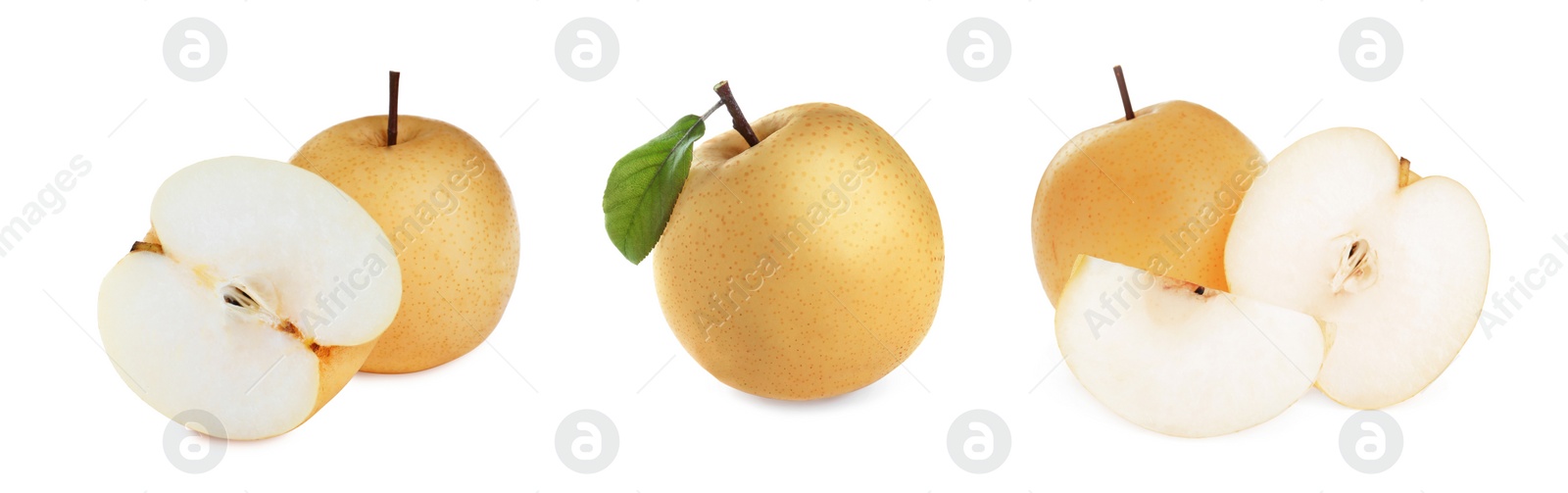 Image of Set with fresh ripe apple pears on white background, banner design 