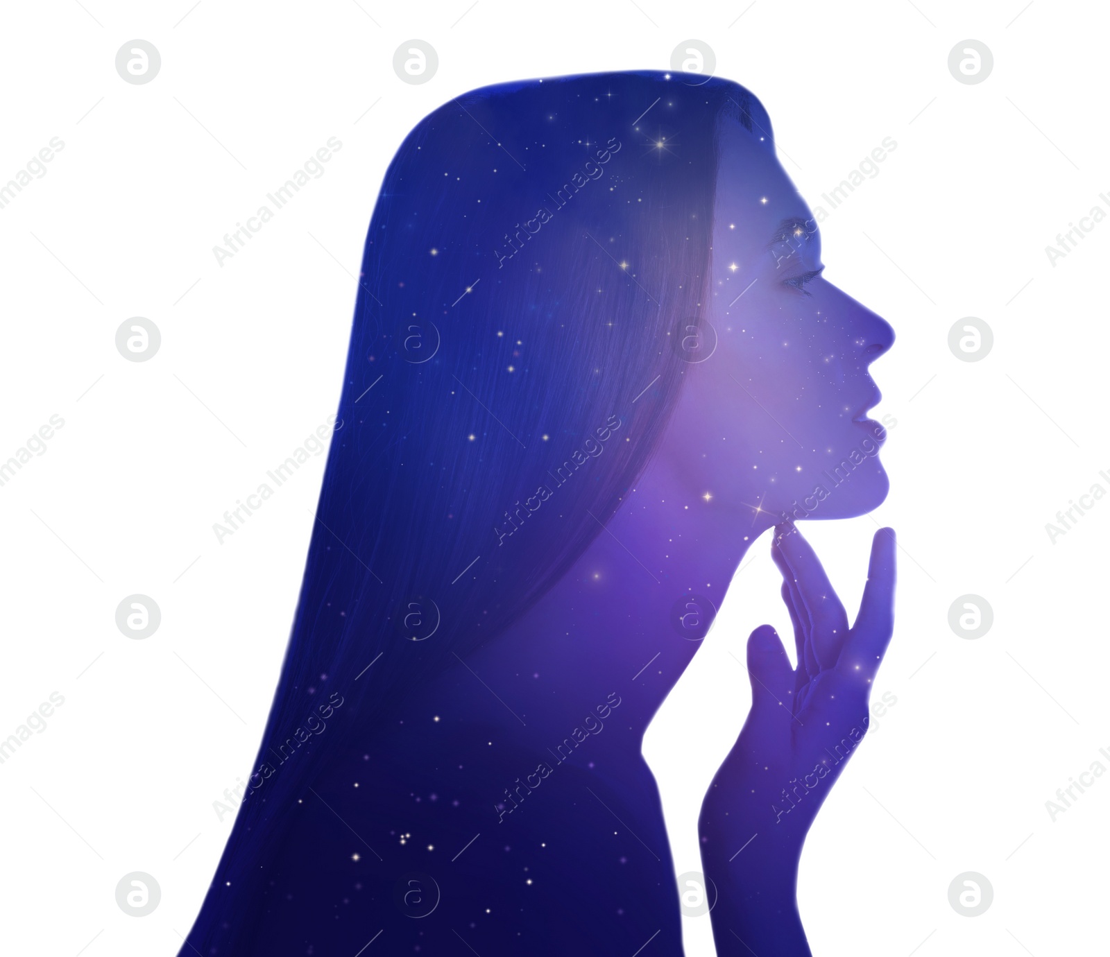 Image of Universe hidden in human, mindfulness, imagination, art, creativity, inner power concepts. Silhouette of woman and starry sky or galaxy on white background, double exposure
