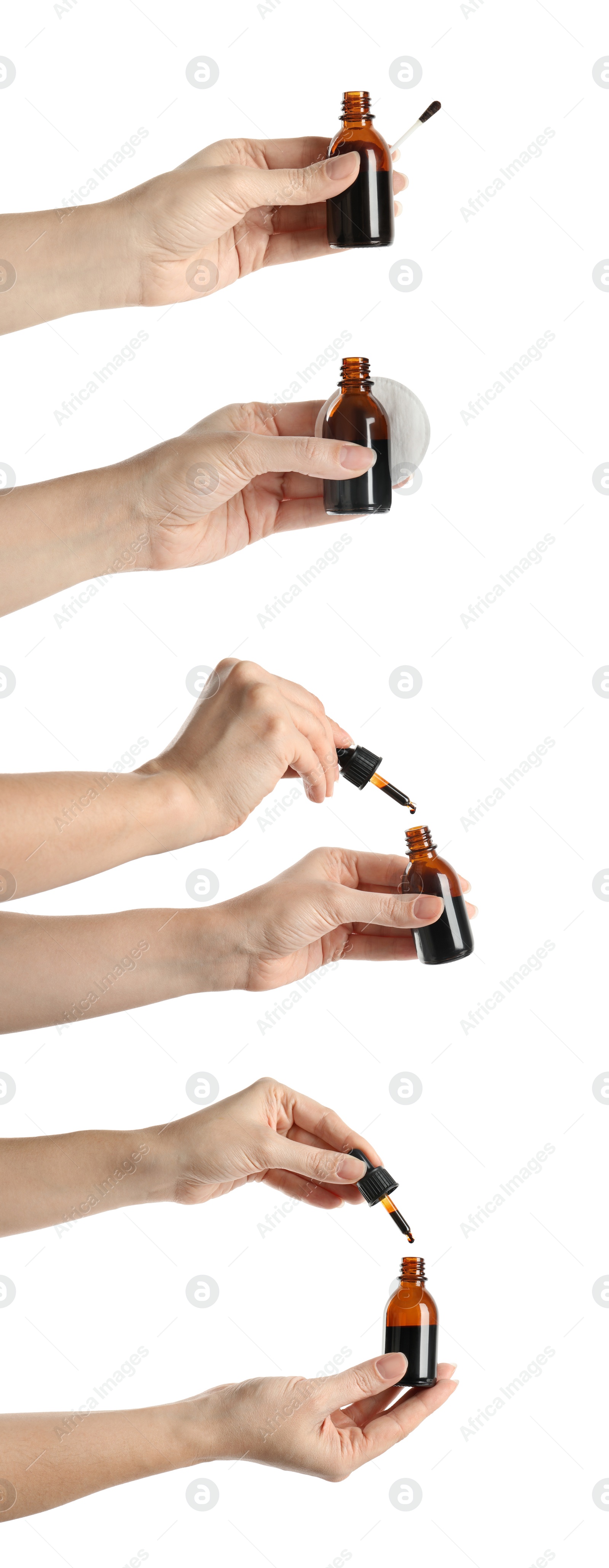 Image of Women holding bottles of medical iodine on white background, closeup. Collage