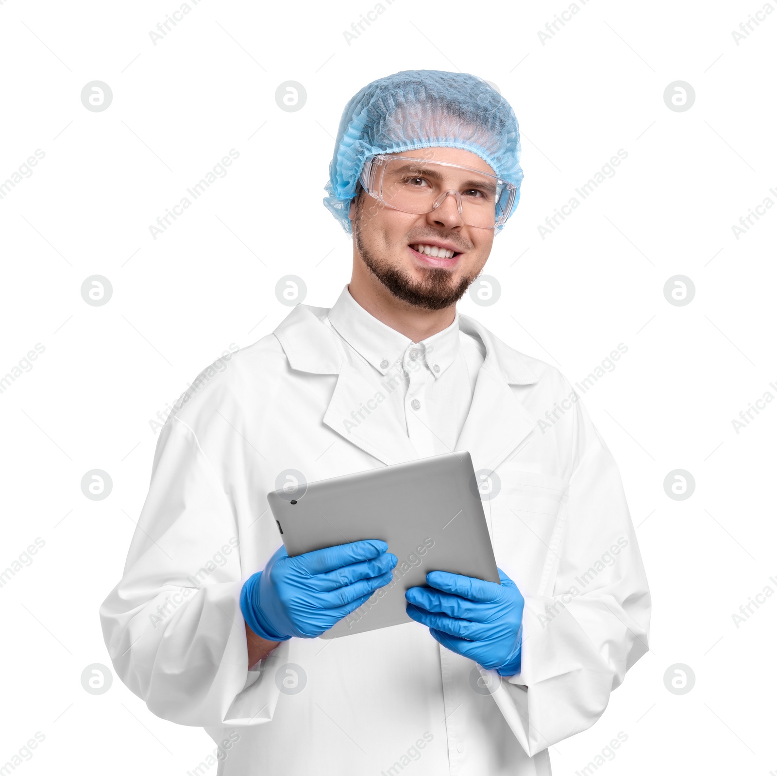 Photo of Quality control. Food inspector with tablet on white background