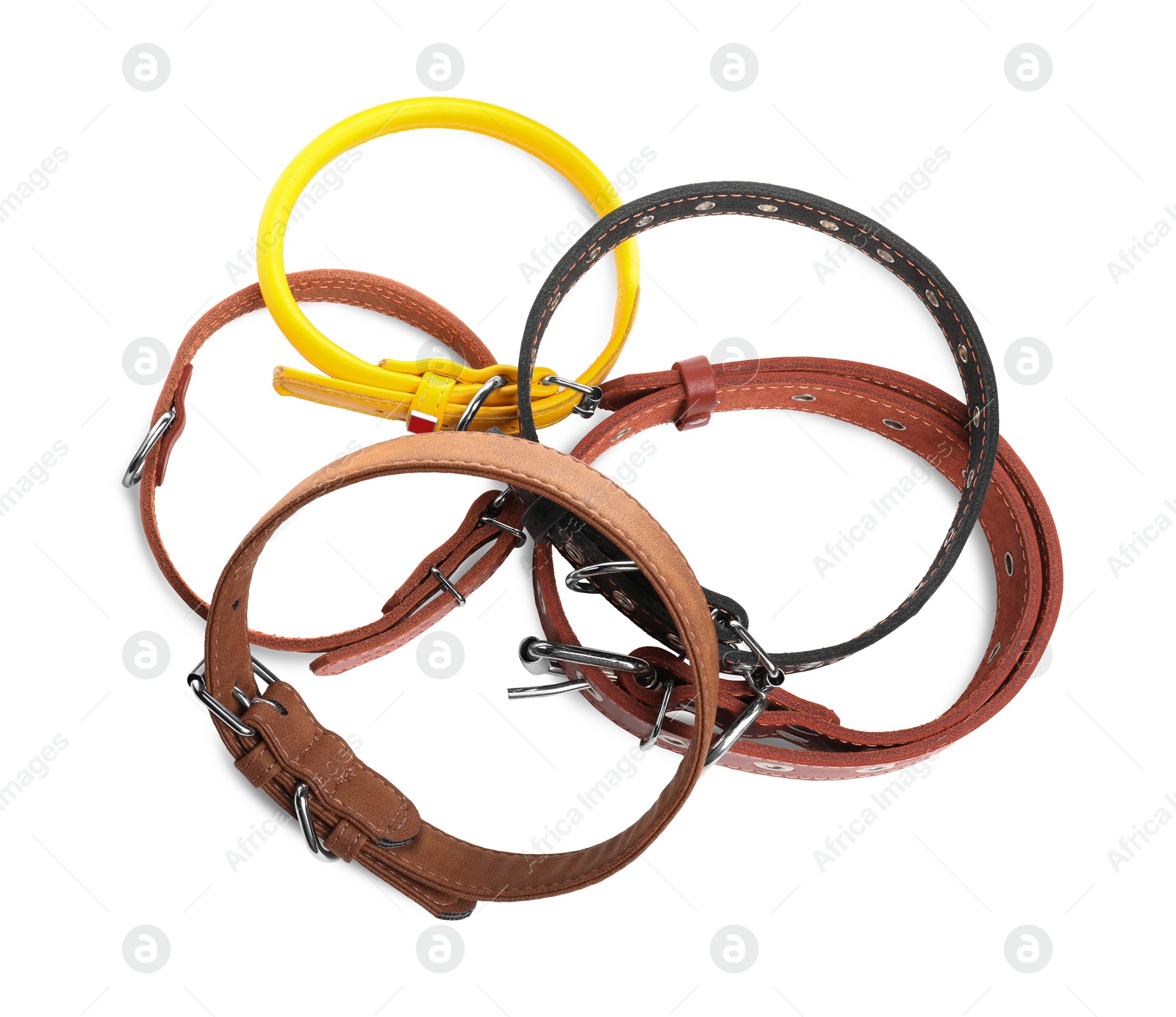 Photo of Different leather dog collars on white background, top view