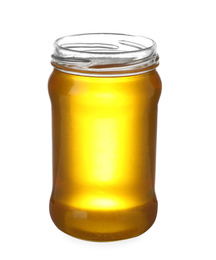 Photo of Jar with organic honey isolated on white