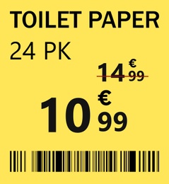 Illustration of Yellow toilet paper shelf label with sale price and barcode, illustration