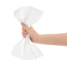 Photo of Woman crumpling paper against white background, closeup. Generating idea