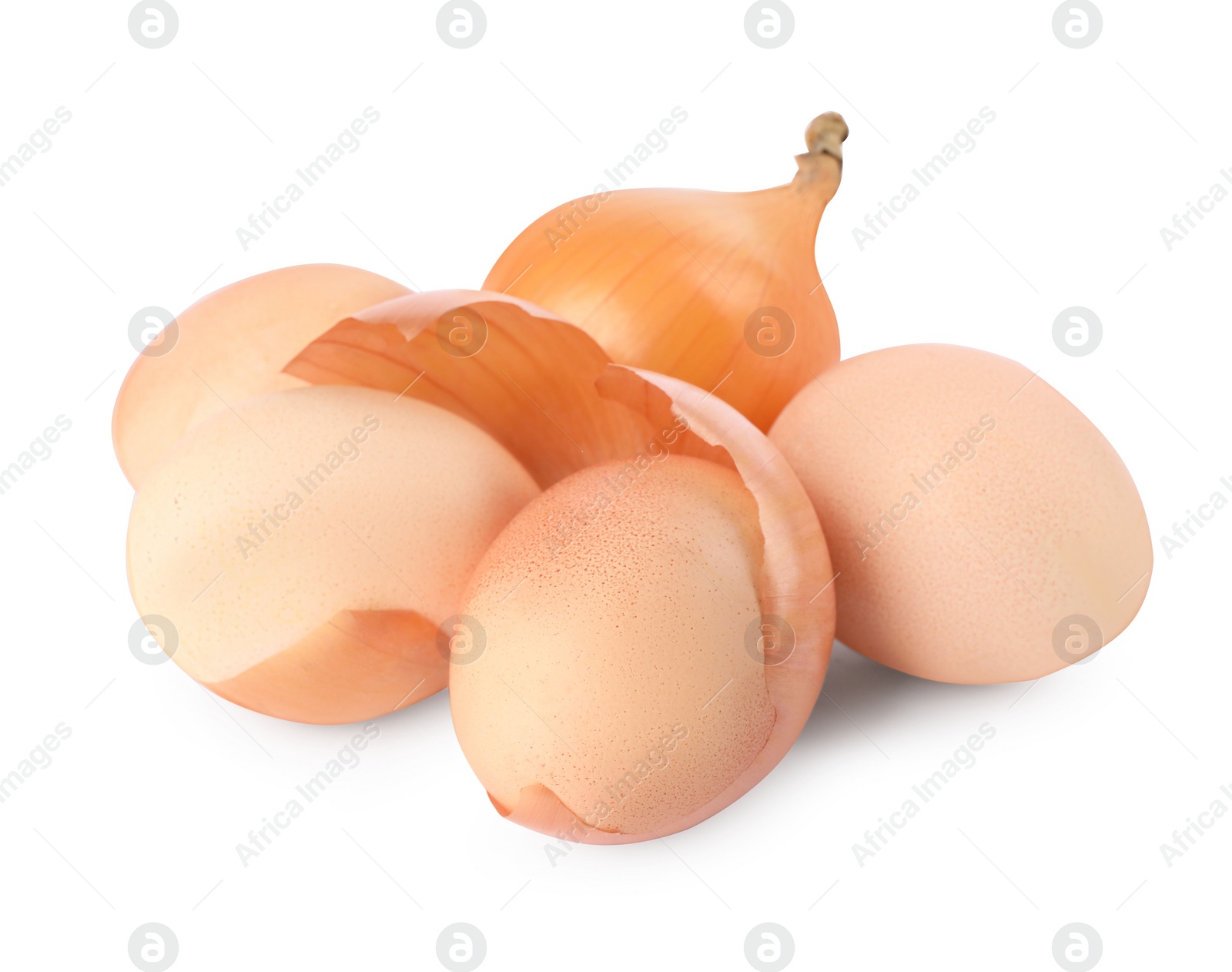 Photo of Easter eggs painted with natural dye and onion on white background