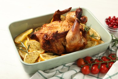Photo of Baked chicken with orange slices on white wooden table