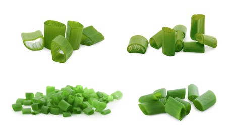 Image of Collage of chopped green onion on white background