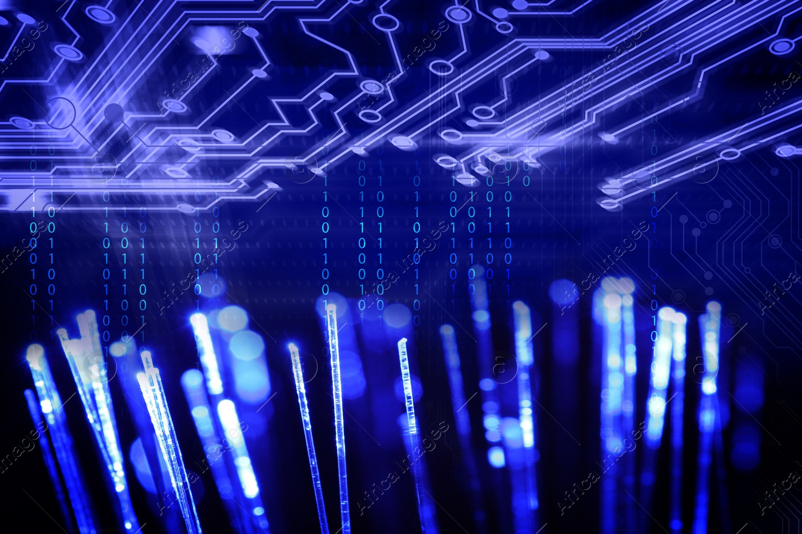 Image of Optical fiber strands, binary code and circuit board, multiple exposure