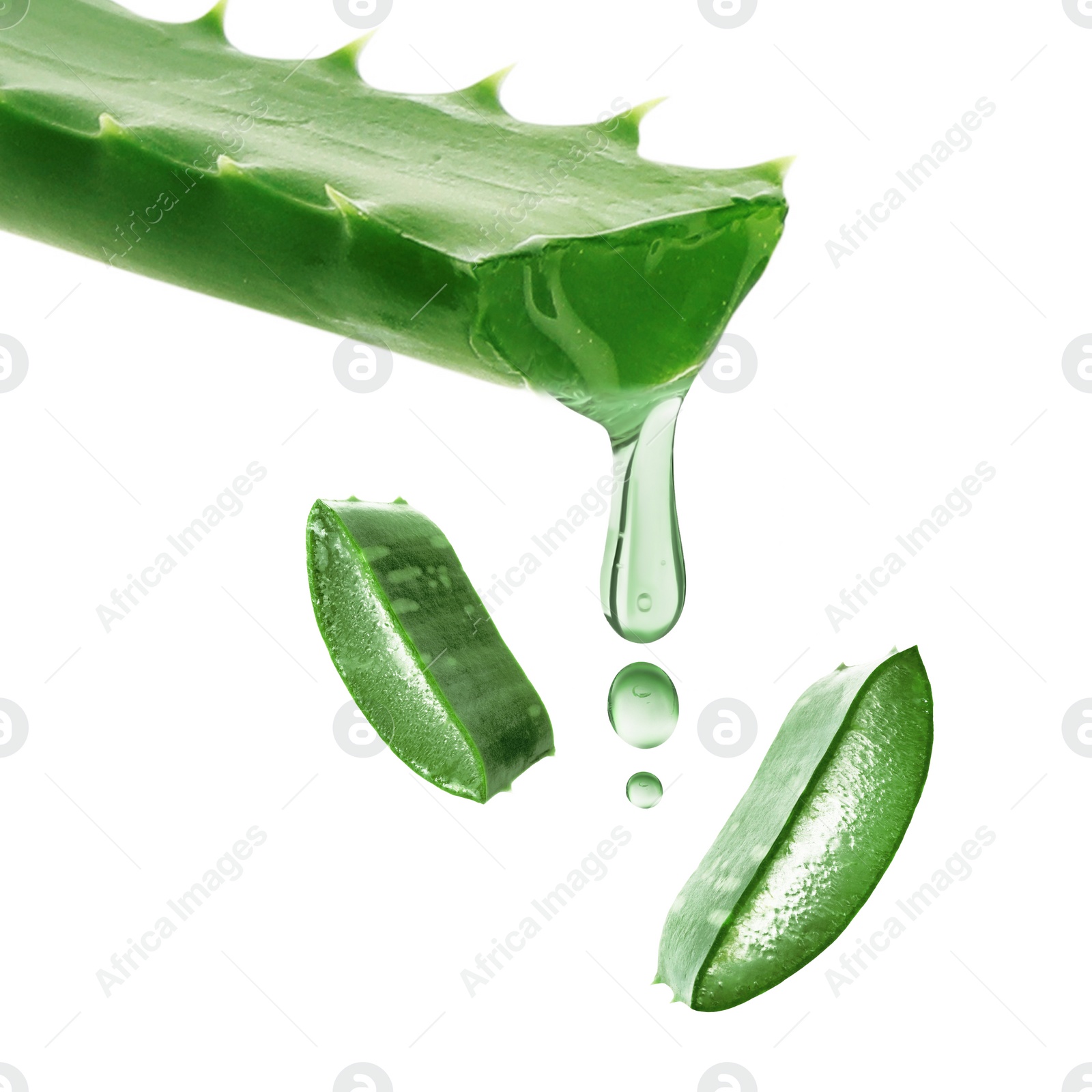 Image of Aloe vera gel flowing down from green leaf on white background