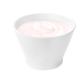 Bowl with yummy yogurt on white background