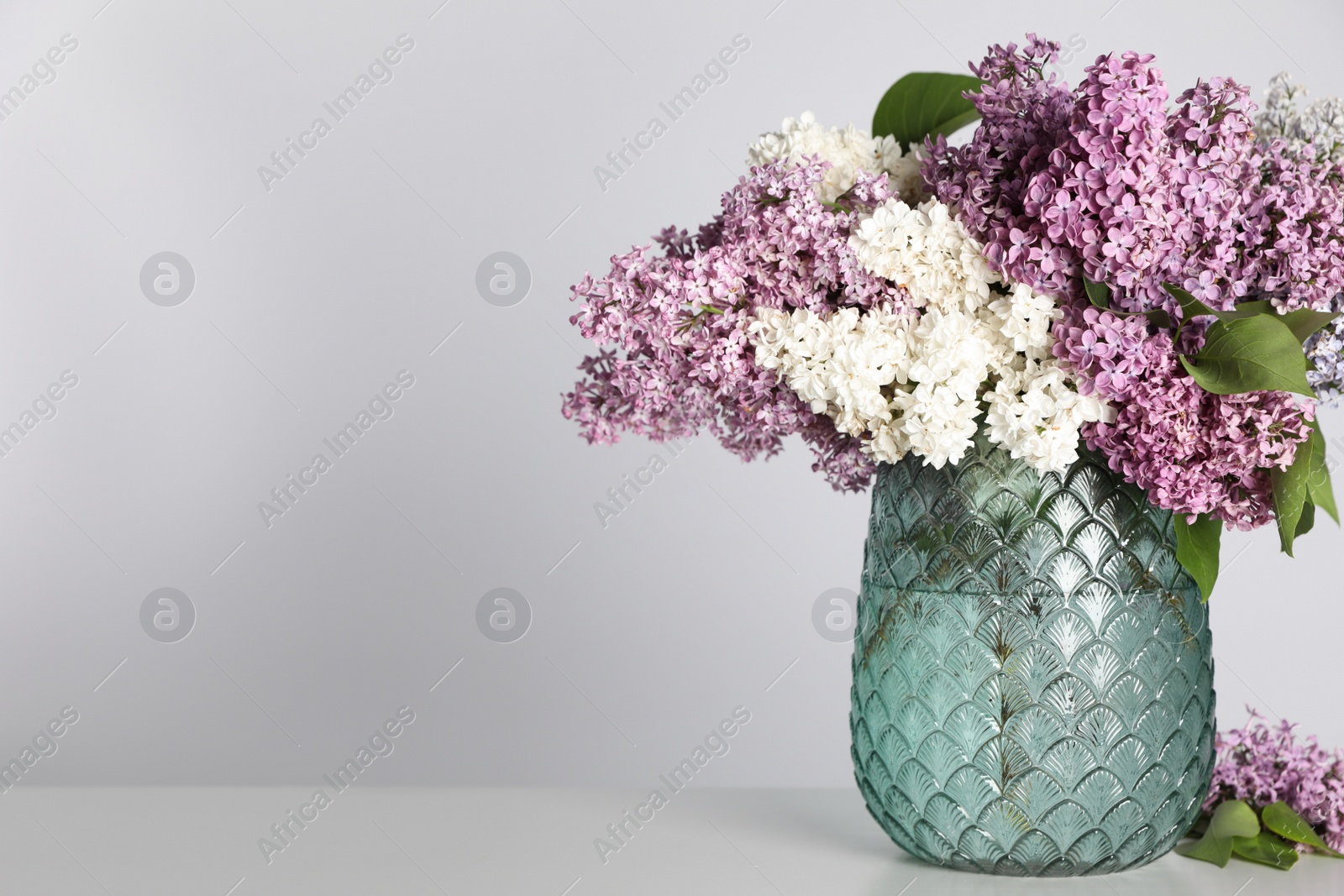 Photo of Beautiful lilac flowers in glass vase on light background. Space for text