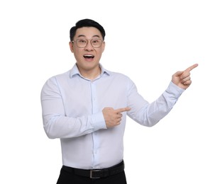 Photo of Businessman in formal clothes posing on white background