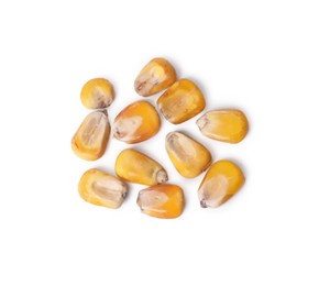 Photo of Pile of corn seeds on white background, top view