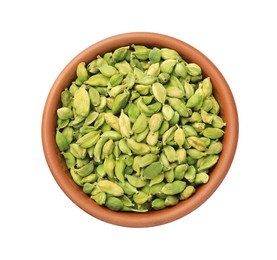 Photo of Ceramic bowl with dry cardamom seeds isolated on white, top view