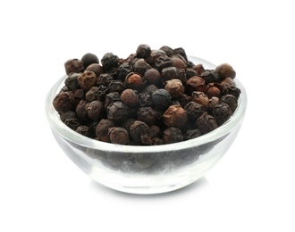 Photo of Glass bowl with black pepper grains on white background