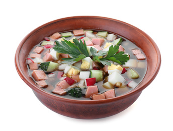 Delicious cold okroshka with kvass isolated on white. Traditional Russian summer soup