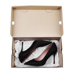 Photo of Pair of stylish shoes in cardboard box on white background, top view