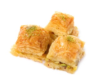 Photo of Delicious baklava with pistachios on white background