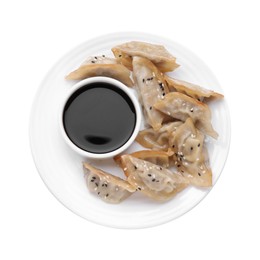 Photo of Delicious gyoza (asian dumplings) and soy sauce isolated on white, top view