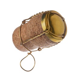 Photo of Cork of sparkling wine and muselet cap isolated on white