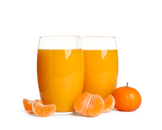 Photo of Fresh tangerines and glasses of juice isolated on white
