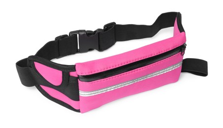 Photo of Stylish pink waist bag on white background