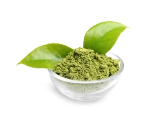 Photo of Bowl with matcha tea and green leaves on white background