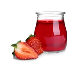 Photo of Strawberries and tasty jelly dessert in glass jar on white background