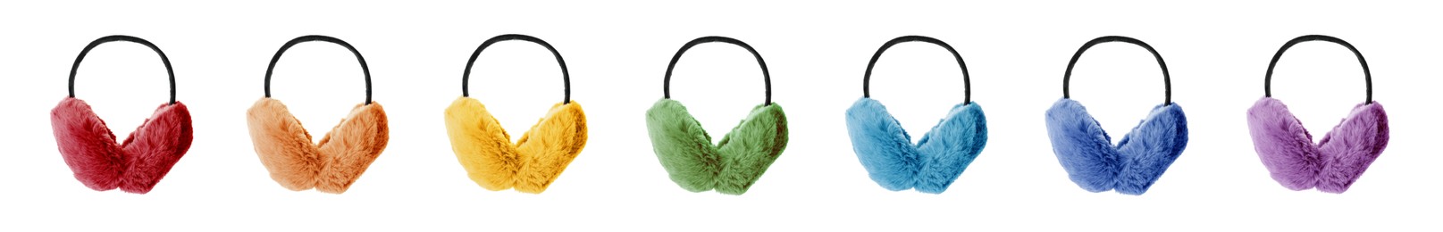 Image of Set with different colorful soft earmuffs on white background. Banner design