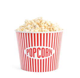 Photo of Bucket of tasty pop corn isolated on white