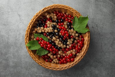 Photo of Different fresh ripe currants and green leaves in wicker basket on light grey table, top view