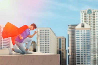 Image of Superhero, motivation and power. Man in cape and mask on high building in city