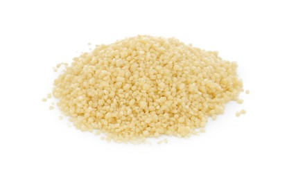 Photo of Pile of raw couscous on white background