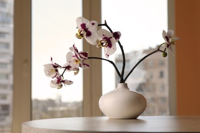 Photo of Vase with orchid flowers on white table near window indoors