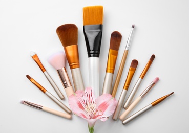 Photo of Makeup brushes of professional artist with flower on white background