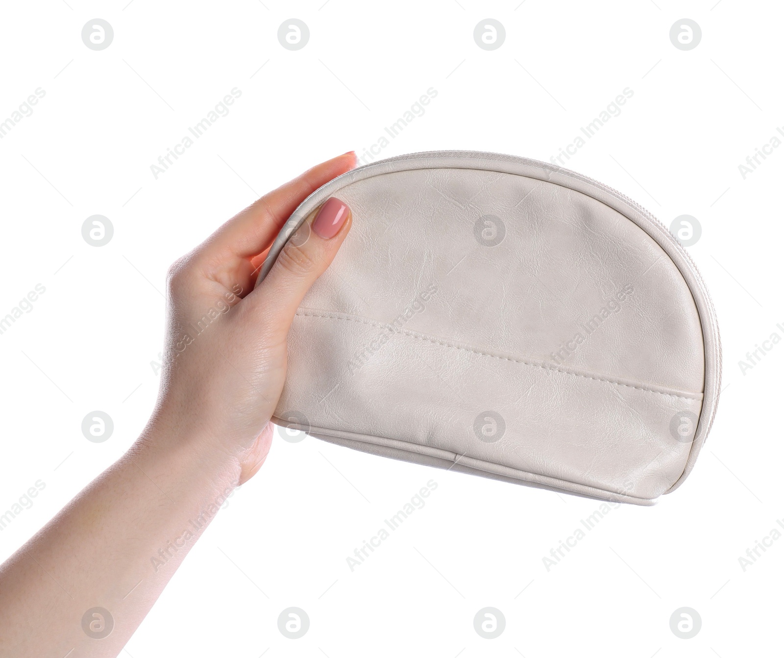Woman with cosmetic bag isolated on white, closeup Photo of Woman with cosmetic bag isolated on white, closeup