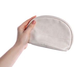 Woman with cosmetic bag isolated on white, closeup