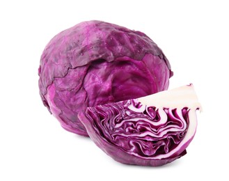 Photo of Whole and cut fresh red cabbages with water drops isolated on white