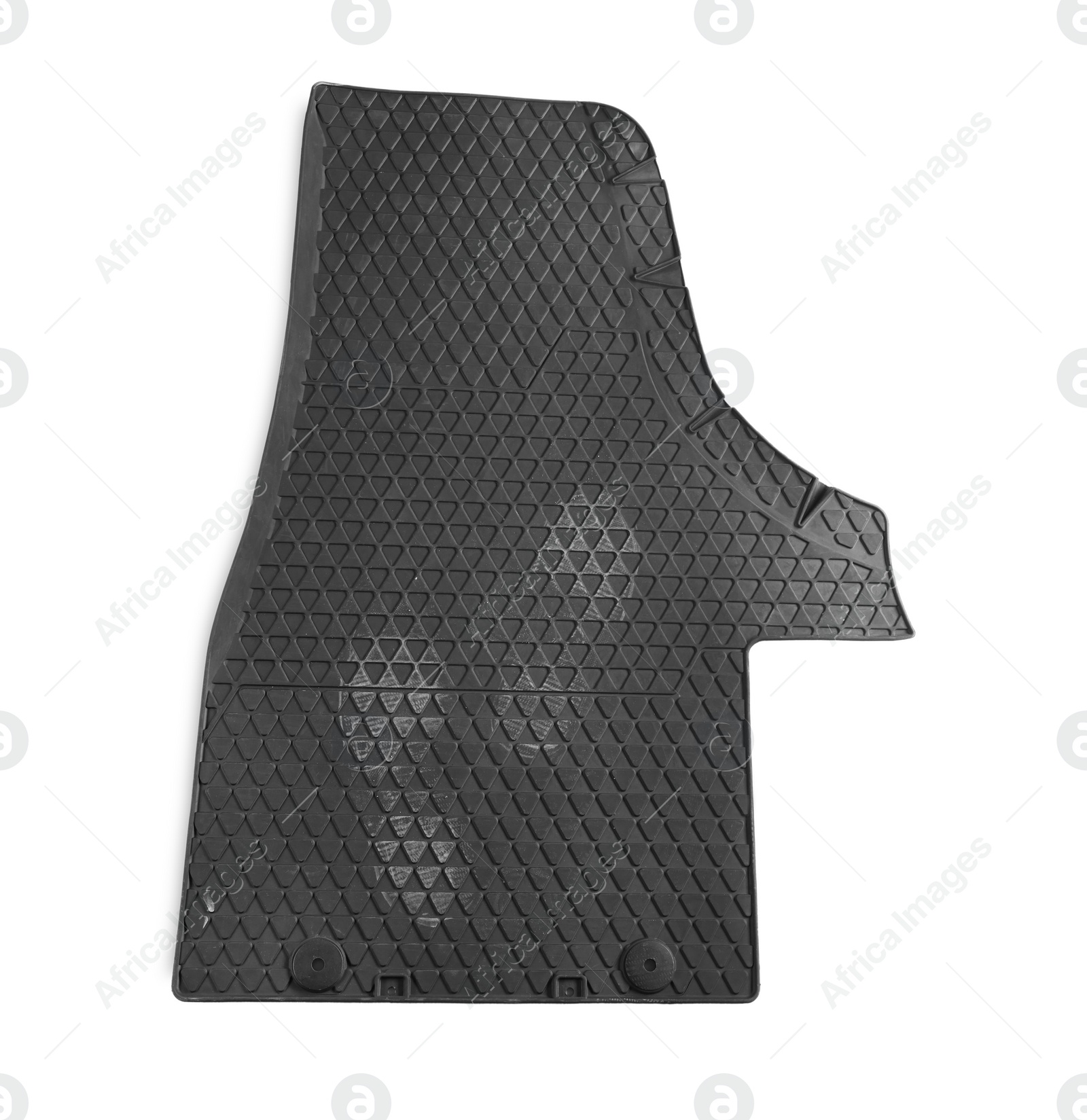 Photo of Black rubber car mat with footprints isolated on white, top view