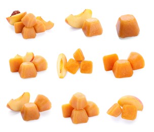 Image of Set with frozen nectarines puree cubes and ingredients on white background