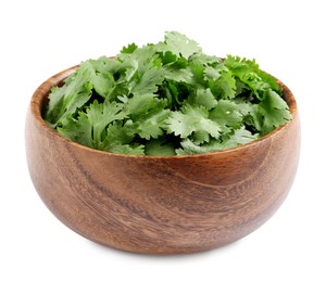 Photo of Bowl with fresh green coriander leaves isolated on white