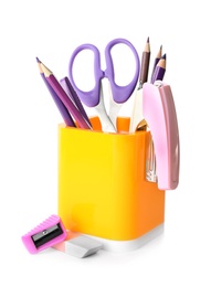 Photo of Set of colorful school stationery on white background
