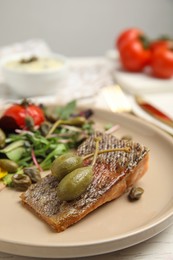 Photo of Tasty salmon with salad and capers on table, closeup