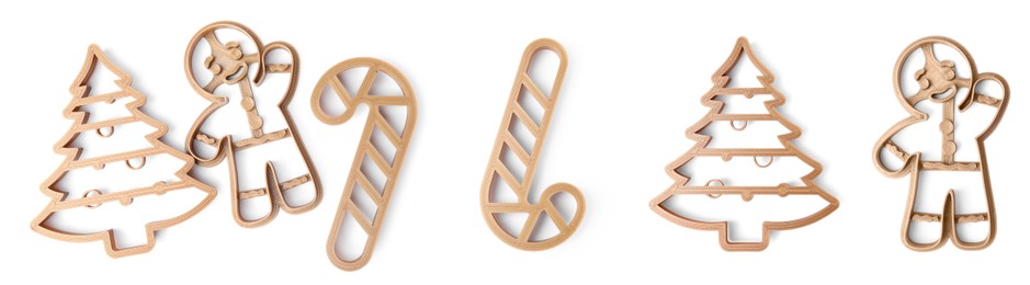 Image of Set with cookie cutters of different shapes on white background, top view. Banner design