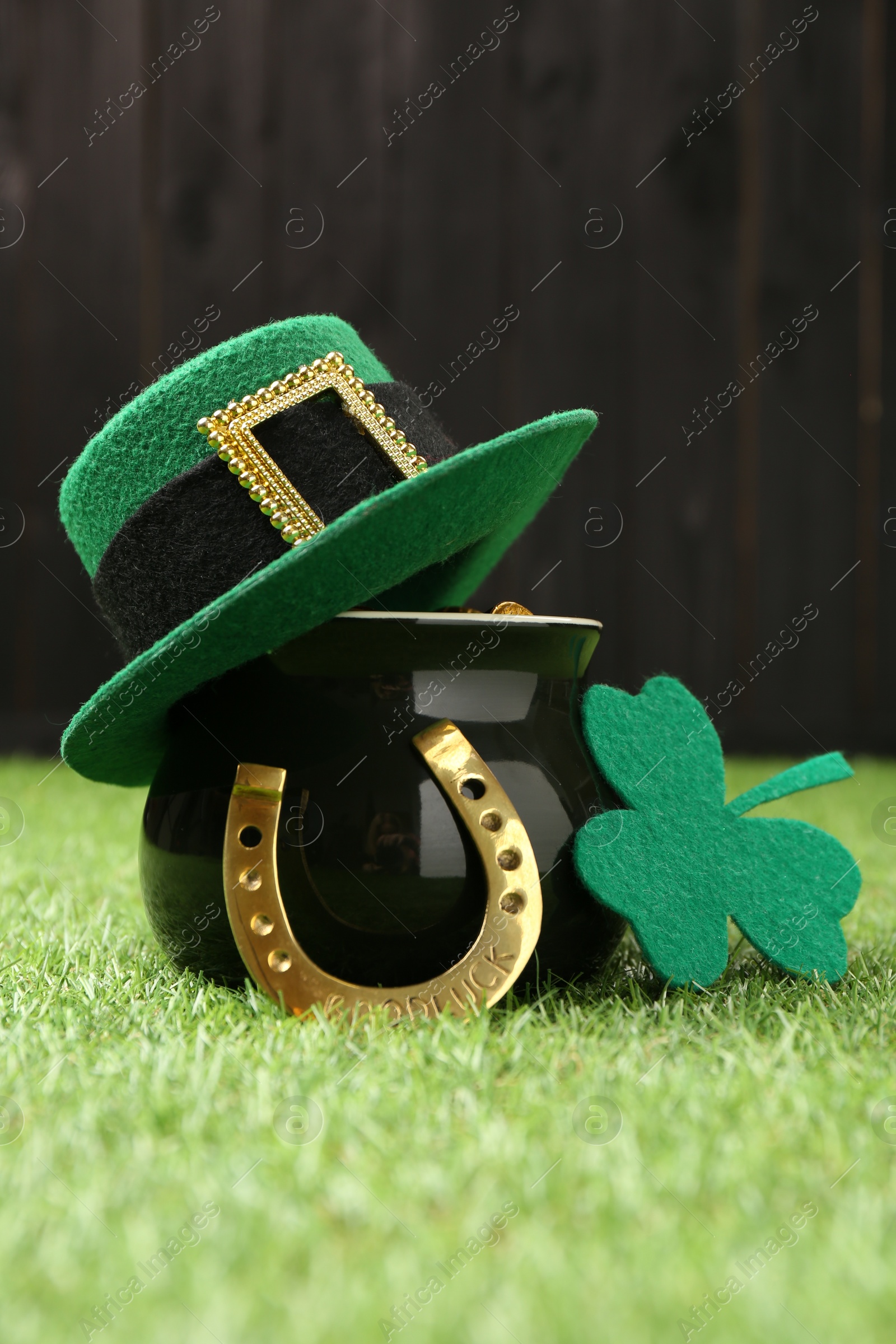 Photo of St. Patrick's day. Pot of gold with leprechaun hat, horseshoe and decorative clover leaf on green grass