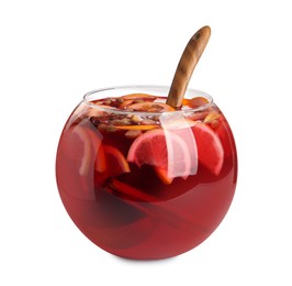 Photo of Glass bowl of aromatic punch drink isolated on white