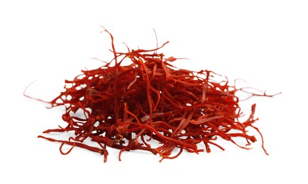 Pile of dried red saffron isolated on white