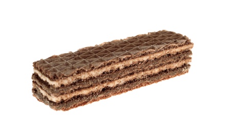 Photo of Delicious chocolate wafer stick isolated on white. Sweet food