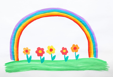 Photo of Child's painting of flowers and rainbow on white paper