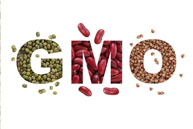 Image of Abbreviation GMO made of grain and different seeds on white background
